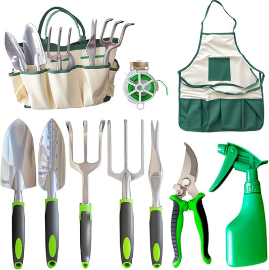 Gardening Tool Set, 11-Piece Outdoor Gardening Tools, Indoor Mini Gardening Planting Set Suitable for Women, Seniors, and Left-Handed Users with Green Non-Slip Handles. (Gray)