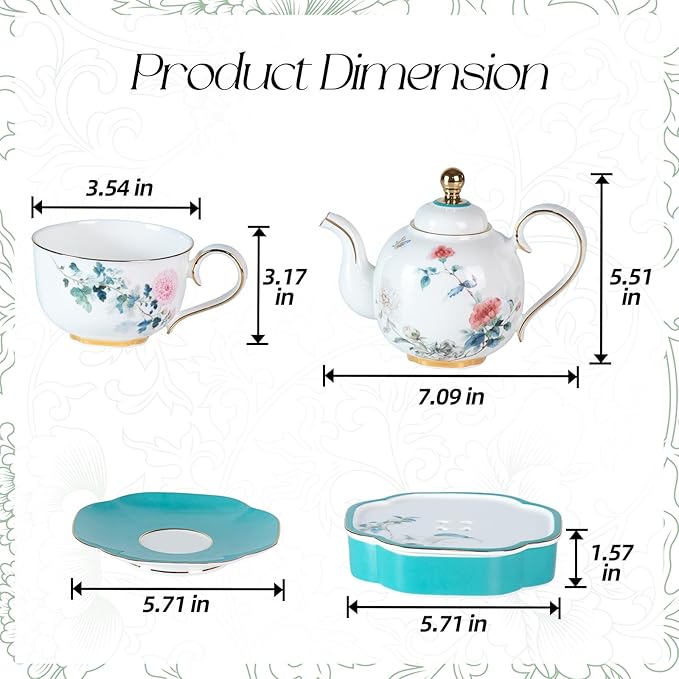 KAMMAK Tea Pot and Cups Set for Adults, Bone China Tea Cup and Saucer with Teapot, Porcelain Coffee Cups and Pot, Teapot with Tray and Gift Box for Latte, Afternoon Tea Party