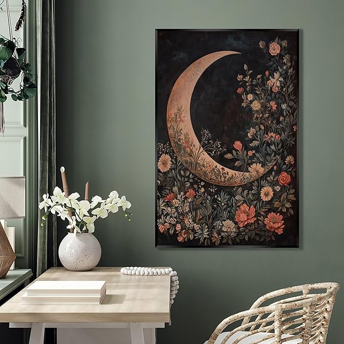Crescent Moon Floral Canvas Poster Modern Trendy Lunar Wall Art Vintage Dark Celestial Painting Prints Whimsical Botanical Aesthetic Home Decor for Bedroom Living Room 20x30inch Metal Black Framed