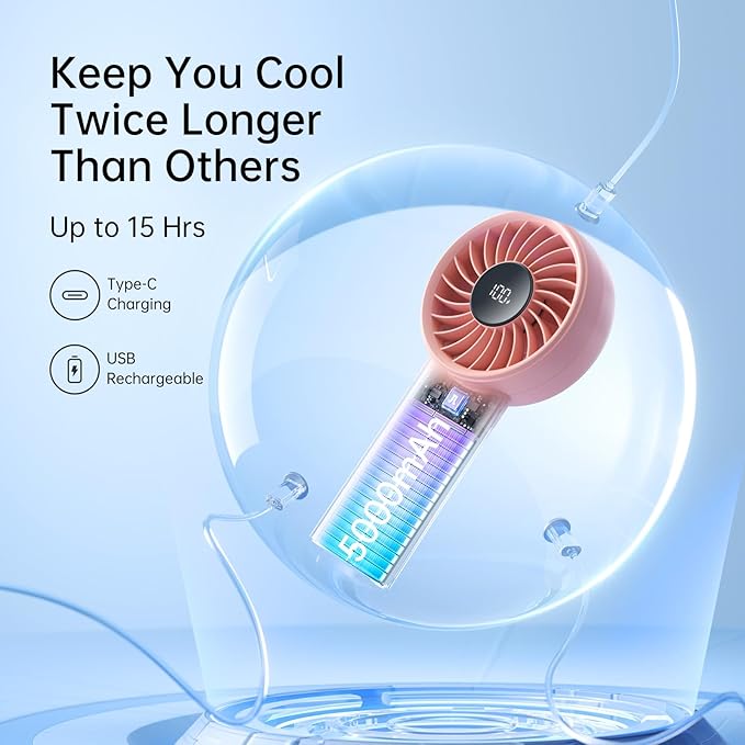 JISULIFE Handheld Fan Life4, 5000mAh Portable Rechargeable Fan, 5-Speed Turbo Wind, 15 Hrs Cooling, LED Display, Gifts for Men/Women, Essential for Travel,Beach,Vacation,Makeup,Concerts,Cruise-Pink
