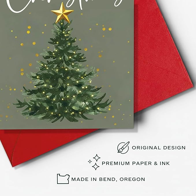 (5.3x8in) Merry Christmas Card with Envelope, Elegant Minimalist Holiday Tree Design with Golden Star, Simple Classic Christmas Greeting Card for Family, Friends, and Coworkers (Xmas 26)