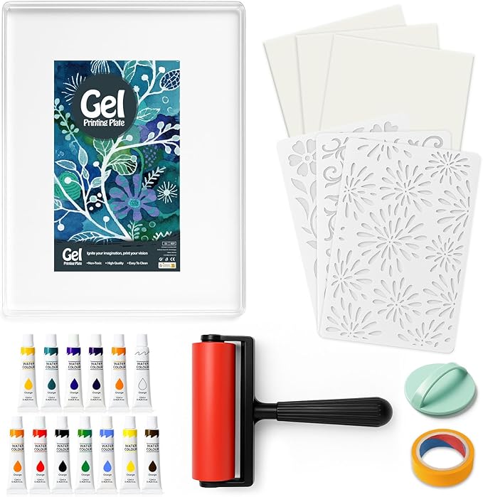 INNOVAYOU 8*10inch Gel Plate Kit, Set with Gel Printing, Rubber Roller, Watercolor Paints, Stencils, Printing Paper, Rollers and Baren, Suitable for Card Making, Arts And Crafts, Scrapbooking, Diary
