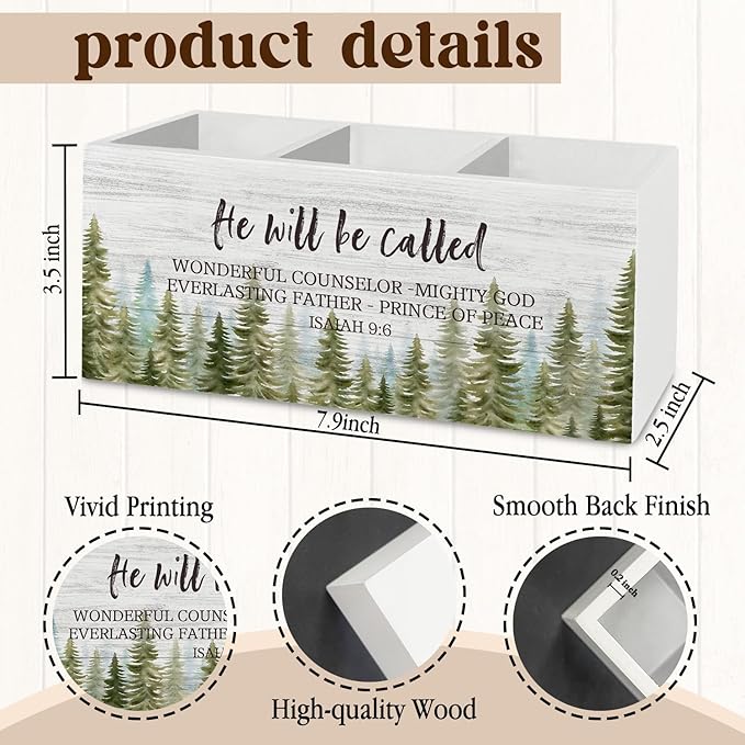 Christian Christmas Pen Pencil Holder Organizer for Desk Accessories, Winter Xmas Tree Bible Verse Scripture Wooden Box Sign Desk Decor for Home Office Decoration, Religious Christmas Decor