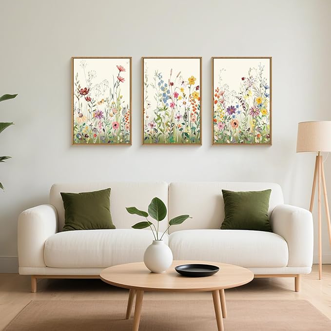 Watercolor Colorful Wildflower Framed Canvas Wall Art Set,Modern Nature Flower Wall Decor,Natural Pink Green Floral Botanical Artwork for Living Room, Bedroom,Farmhouse- 16"x24"x3