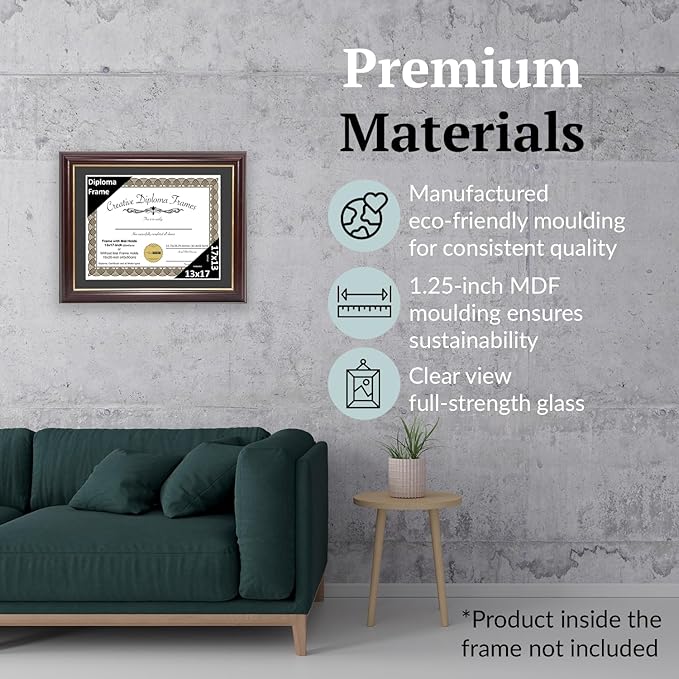 Creative Picture Frames 13x17 Mahogany Gold Rim Diploma Frame with Black Mat Glass and Installed Wall Hangers | Frame Holds 16x20 Media without Mat