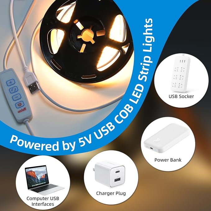 LED Strip Lights 5V USB COB LED Lights 1.64ft 320LEDs Flexible Cuttable USB TV Backlight Three Colors Dimmable Under Cabinet Tape Light with adhensive for Bedroom Home DIY Lighting Room Lights