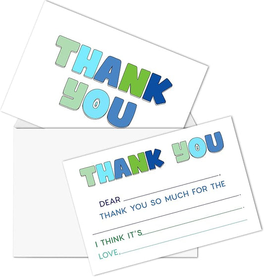 Blue Kids Thank You Cards, Minimalist Thank You Card For Baby Shower Birthday Party, Kids Birthday Cards Fill In The Blank, 20 Pack Cute Greeting Cards With Envelopes For Boys And Girls, 009