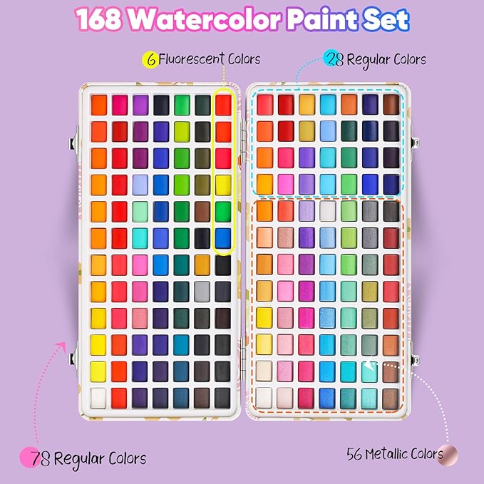 Taotree Watercolor Paint Set 168 Colors, Art Supplies Watercolors Kit Travel Water Colors with 3 Paints Brushes, Crafts Painting Supplies, Drawing Christmas Gifts for Teens Girls Boys Adults Artists