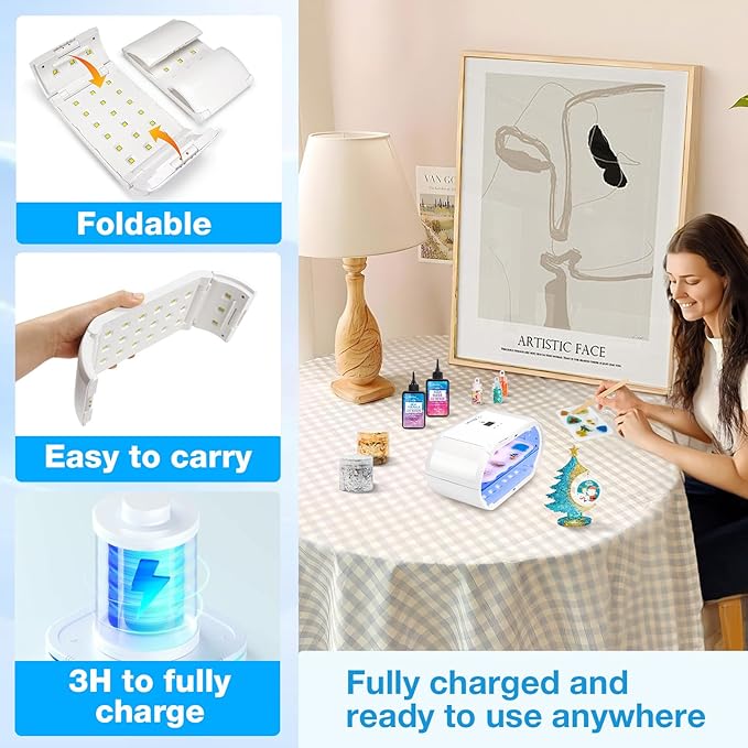 JDiction UV Light for Resin, Wireless UV Resin Lamp with 48 LED Beads, Long Time Setting (1min, 3min, 5min, 10min), Rechargeable 48W Powerful Cordless Curing Tool for Jewelry Making Crafts