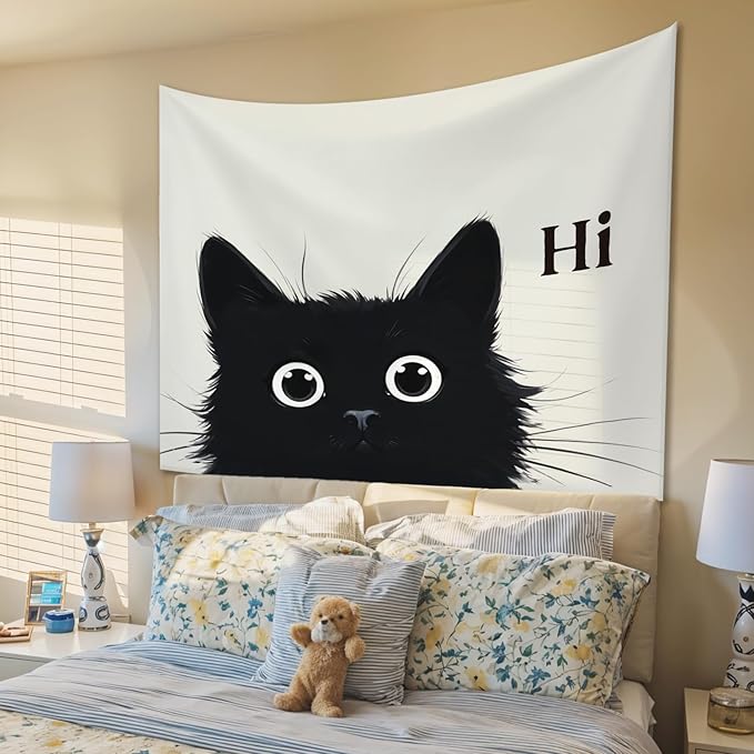 STHTTSW Black Cat Tapestry, Cute Cat Tapestries Wall Blanket, Cat Animal Lover Gifts Wall Hanging Decor for Dorm Home Living Room Bedroom Nursery, 50x60 Inch