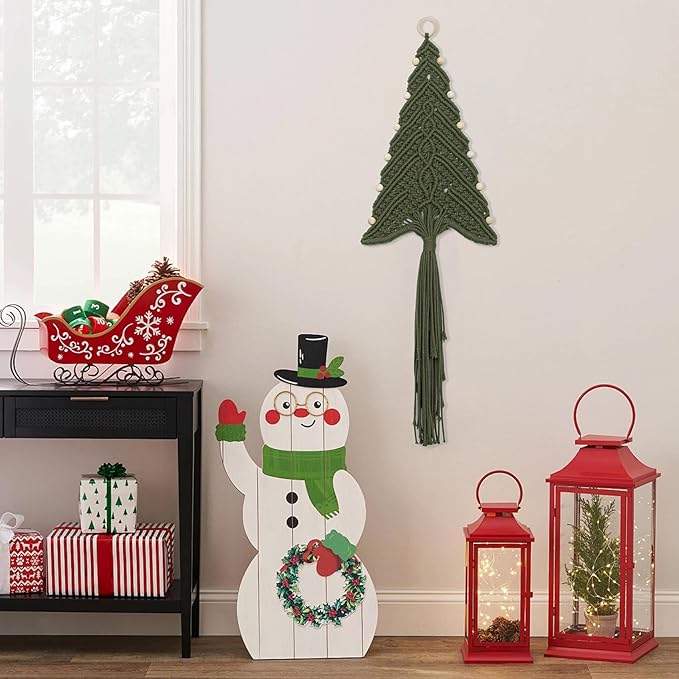 LB Macrame Christmas Tree Wall Hanging, Green Christmas Tree Wall Art Handmade Woven with Wood Beads Xmas Holiday Tapestry Funny Xmas Ornament for Bedroom Living Room Rustic Xmas Decor,10X31 Inch