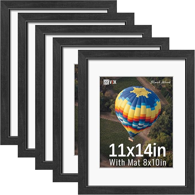 VCK 11x14 Picture Frames Black Set of 5, Wide Border Wood, Tempered Glass, Display 8x10 Photo with Mat or 11 x 14 without, for Home, Office, Gallery, Woodgrain Series, Wall Hanging