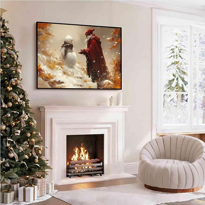 Vintage Christmas Canvas Painting Santa with Snowman Christmas Character Canvas Wall Art Holiday Winter Poster Indoor Decor for Home Offices Living Room Bedroom Dining Room Framed Ready to Hang