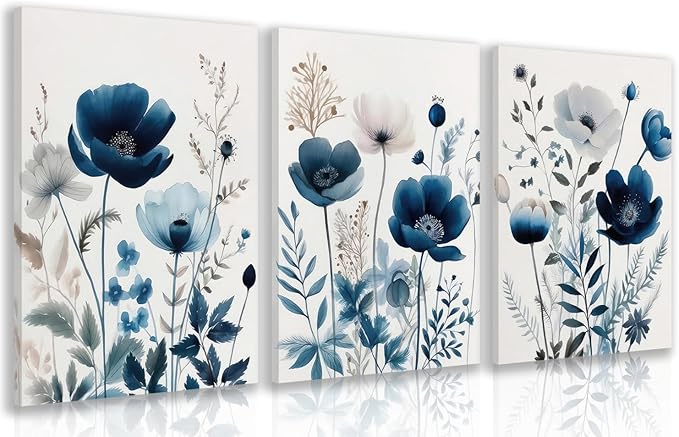 LLEEMPI Framed Navy Blue Floral Wall Art Set of 3, Modern Wildflower Wall Decor, Watercolor Botanical Canvas Paintings, Classic Minimalist Poster Prints for Bedroom Bathroom Office 16x24 Inch