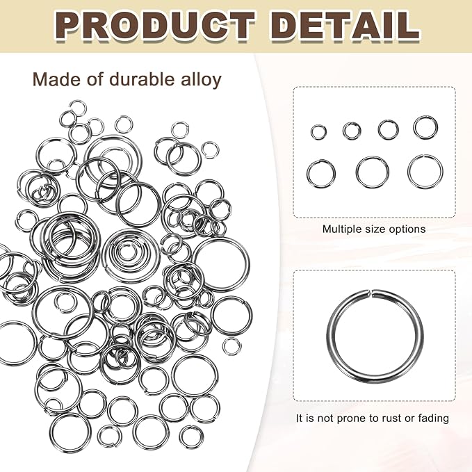 MECCANIXITY Jump Rings for Jewelry Making, 6 Sizes Alloy Open Jump Rings for Keychains Earings DIY Craft(Black, 880Pcs)