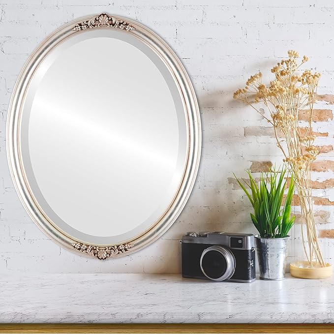 OVALCREST Oval Beveled Wall Mirror for Home Decor - Contessa Style - Silver Leaf with Brown Antique - 26" x 20"