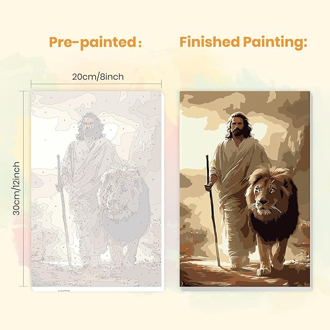 MXJSUA Jesus Framed Paint by Numbers for Adults Beginners, Easy Adults' Paint-by-Number Kits on Canvas with Easel, Lion Acrylic Number Painting Crafts Kits Gifts for Home Decor, 8x12inch