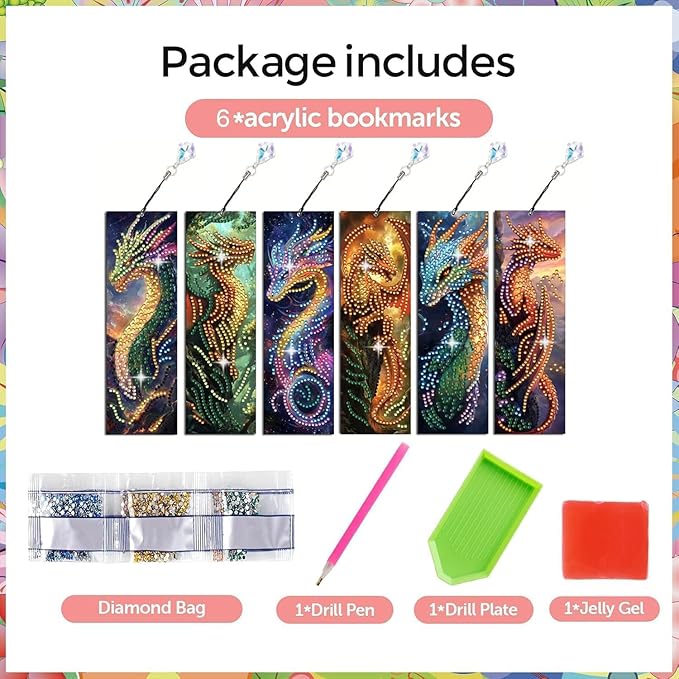 5D DIY Diamond Art Bookmarks Kit Dragon 6 PCS Acrylic Diamond Painting Bookmarks Kits with Tassels Double Side, Rhinestone Crafts Decoration Gift Set for Book Lovers Beginners & Adults (Partial Drill)