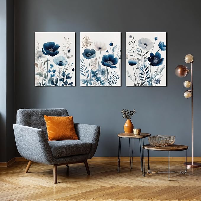 LLEEMPI Framed Navy Blue Floral Wall Art Set of 3, Modern Wildflower Wall Decor, Watercolor Botanical Canvas Paintings, Classic Minimalist Poster Prints for Bedroom Bathroom Office 12x16 Inch