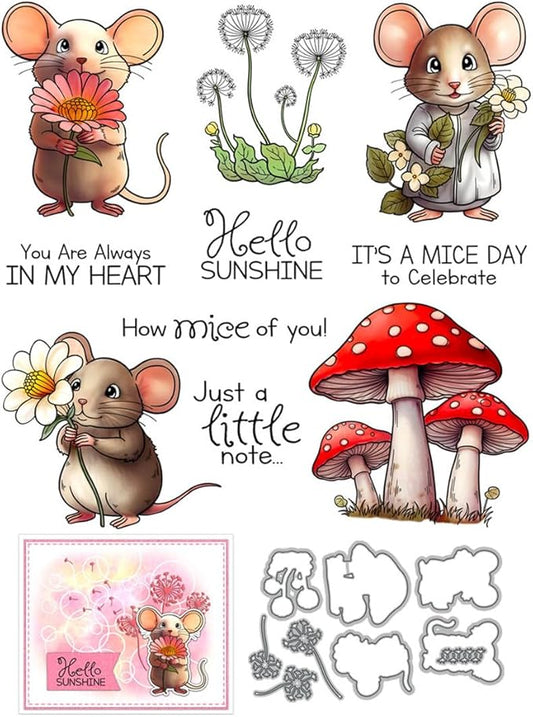 Flower Mouse Mushroom Stamps and Cutting Dies for Card Making DIY Transparent Silicone Clear Stamp and Metal Die Cuts Sets for Scrapbooking Paper Greeting Cards Decor Seals Craft Supplies