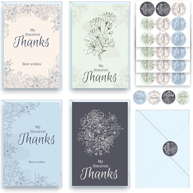 48Pcs Thank You Cards with Envelopes and Stickers for Weddings, Bridal Shower, Baby Shower, Small Business