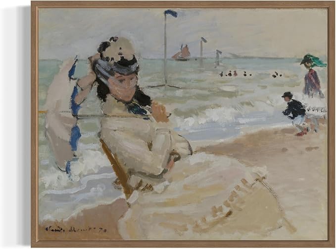 Camille on the Beach Claude Monet Wall Art Print Poster, Impressionist Painting Wall Art Wall Decor, for Bedroom and Living room Bathroom Decor 115 (Camille on the Beach, 11 x 14 inches, Wood Frame)