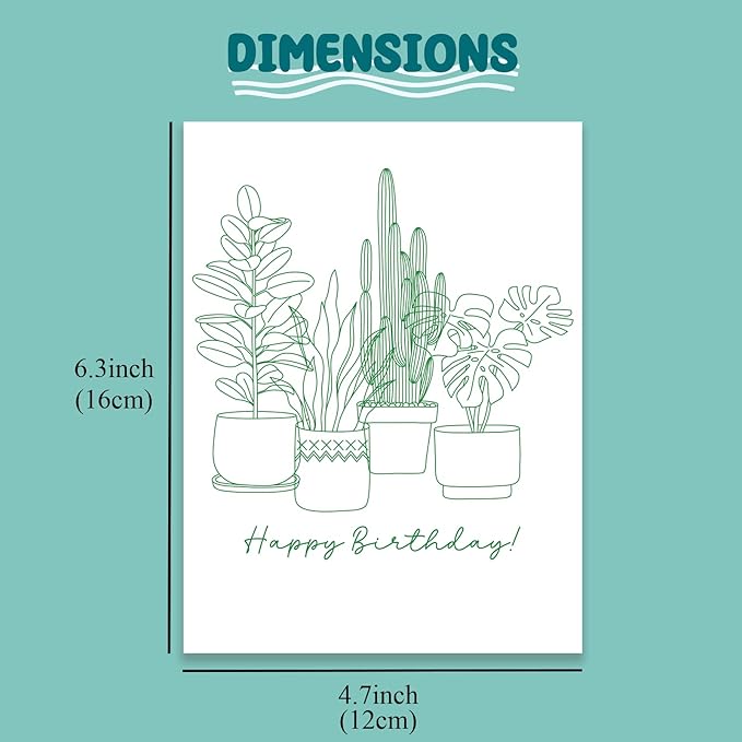 Minimalist Plant Birthday Card Happy Birthday Greeting With Houseplants Botanical Line Art Card For Plant Lovers - Size 6.3"x4.7" Blank Inside with Kraft Envelope