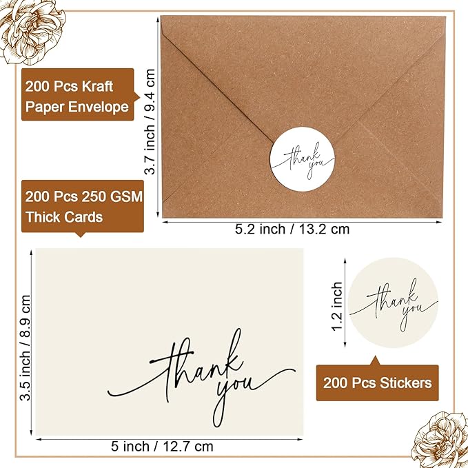 Gueevin 200 Pcs Thank You Cards with Kraft Envelopes and Stickers Bulk, 3.5 x 5 Inch Classy Blank Thank You Notes for Wedding, Business, Graduation, Baby Shower, Bridal Shower, Funeral(Cream)