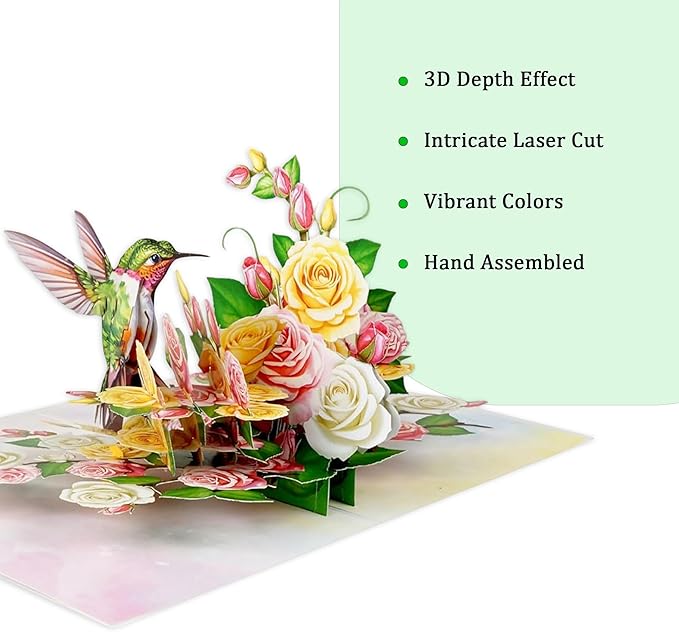 Greeting Card Green Hummingbird with Roses 3D Pop-Up Cards Handmade Birthday Flower Gift for Women, Mom, Wife, Men 6x8 Inches Aniversary Wedding Christmas Gifts Floral Thank you Envelope
