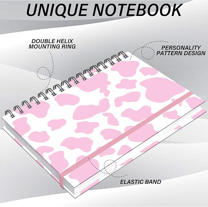 Spiral Notebook,Hardcover Journal Wide Ruled Spiral Notebook,A5 5.5 x 8.3 Inch,80GSM Thick Paper 60 Sheets 120 Pages for Girls Women School Office Aesthetic Cute-Pink Cow