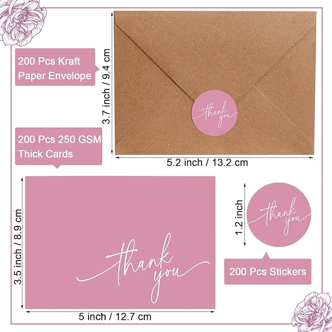 Gueevin 200 Pcs Thank You Cards with Kraft Envelopes and Stickers Bulk, 3.5 x 5 Inch Classy Blank Thank You Notes for Wedding, Business, Graduation, Baby Shower, Bridal Shower, Funeral(Pink)