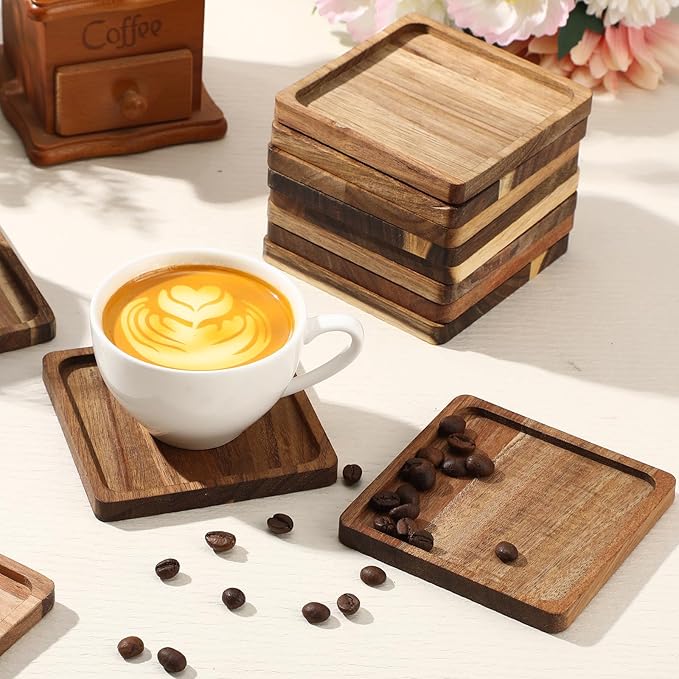 Zhehao 16 Pcs Acacia Wood Coasters Bulk 4 Inch Wooden Stackable Reusable Drink Coasters for Coffee Tea Table Protection Table Bar Home Desk Supplies Housewarming Gifts(Square)