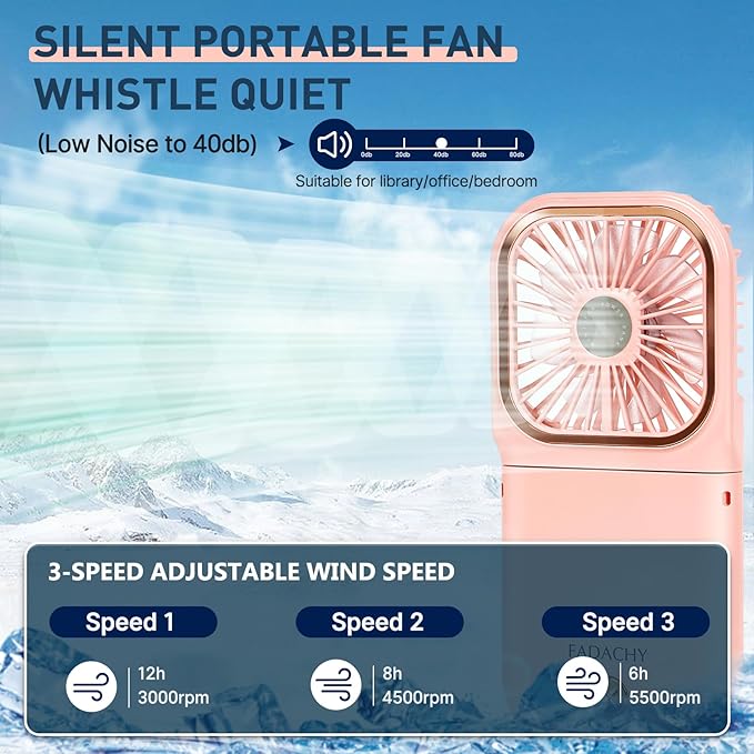 FADACHY Portable Handheld Fan Outdoor Power Bank Mini Fan 3000mAh USB Phone Holder, Handheld Pink Lovely Rechargeable