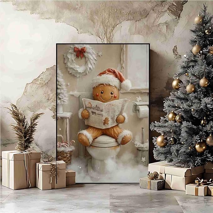 Christmas Bathroom Canvas Painting Gingerbread Man Holiday Print Santa Hat Cookie Character Wall Art Vintage Rural Art Winter print Indoor Decor for Bathroom Living Room Funny Framed Ready to Hang