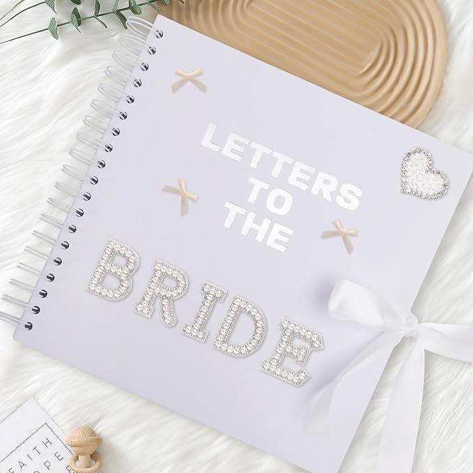 BINBE 10 x 10 Inch Letters to The Bride Scrapbook Kit DIY Blank Paper Scrapbook Photo Album Wedding Memory Book Bridal Guest Book Sign with Pearl Stickers, Letter Patches, Bows White