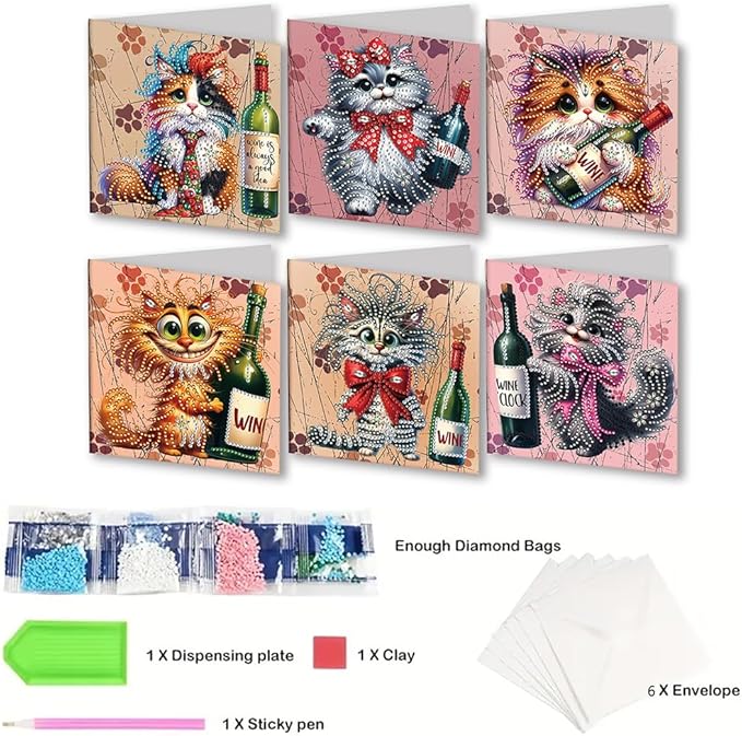 C'eitura 6Pcs DIY Diamond Art Greeting Cards, Fun Cat with Wine Bottle Design Blank All Occasion Cards with Envelopes, Unique Birthday Thank You Note for Cat Lovers, Wine Enthusiasts & Party Friends