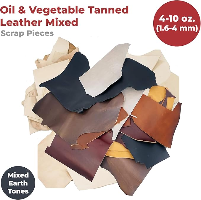 ELW Oil and Vegetable Tanned Mix Color Leather Scrap | 4-6 oz (1.6-2.4 mm) Medium Weight | Size: 1 LB Weight | Genuine Cowhide Full Grain Leather Remnants for Crafting | Color: Mixed Earth Tone