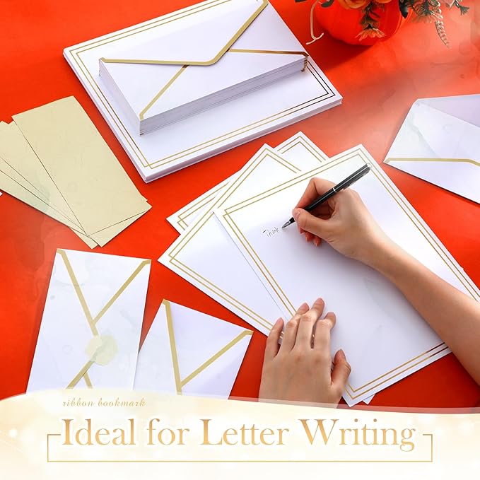 Gueevin 100 Pack White Stationery Set with Envelopes and Stickers Gold Border Letter Paper and Envelopes Set #10 Business Envelope 8.5x11 Paper Sheets and Stickers for Letter Writing Invitation
