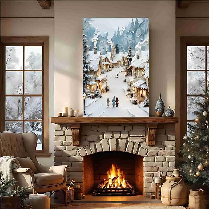 Christmas Winter Painting Snowy Village Street Festive Landscape Print Holiday Church Wall Decor Winter Cottagecore Canvas Painting Indoor Decor for Home Living Room Bedroom Office Christmas Holiday