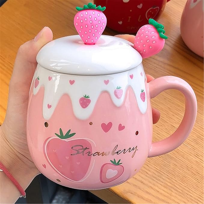 Coffee Mug Cups Ceramic Tea Cup Fruits Strawberry Shaped Handmade Cute Mugs With Lid Spoon Handle Office Home Hot Ice Chocolate Milk Mugs Gifts Microwave Dishwasher Safe Travel Mugs (Pink)