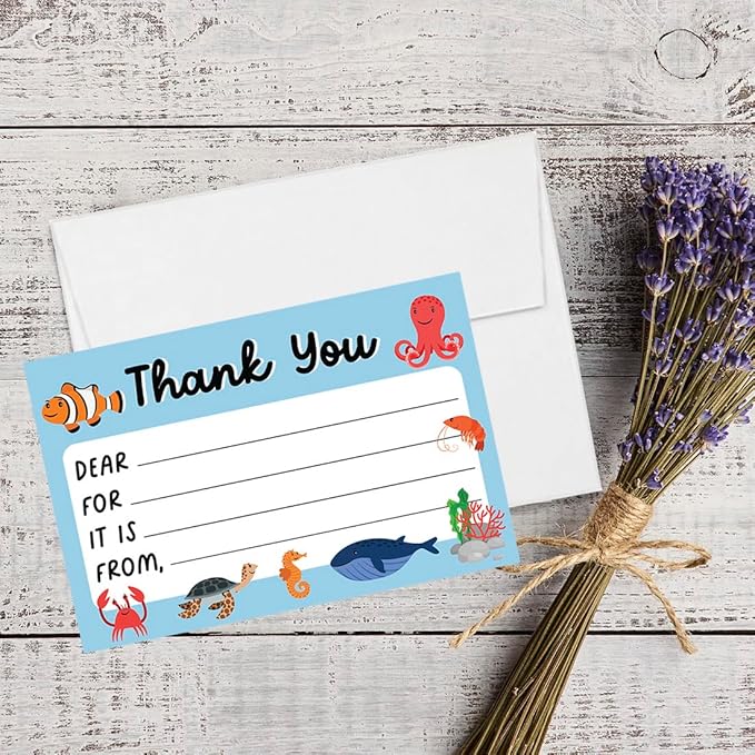 Andaz Press Kids Fill in the Blank Thank You Cards - 20 Cards Including Envelopes Sea Life Fun Gender Neutral Note Cards For Boys Girls Birthday Party Thank You Notes for Friends, Family Party Guests