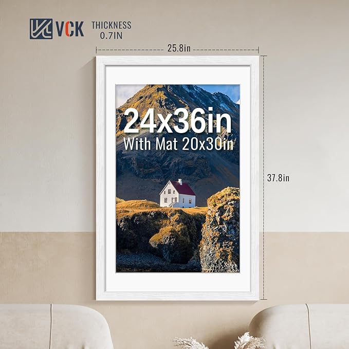 VCK 24x36 Picture Frames White Set of 5, Wide Border Wood, Display 20x30 Photo with Mat or 24 x 36 without, for Home, Office, Gallery, Woodgrain Series, Wall Hanging