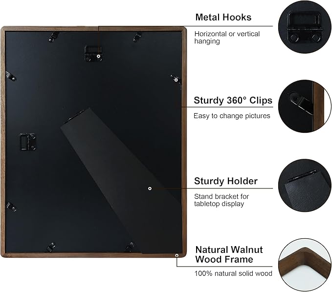 11x14 Picture Frame Natural Walnut Wood with Mat for 8x10, Original Natural Solid Wood 11 by 14 Photo Frames with Tempered Glass Cover for Wall and Tabletop Display