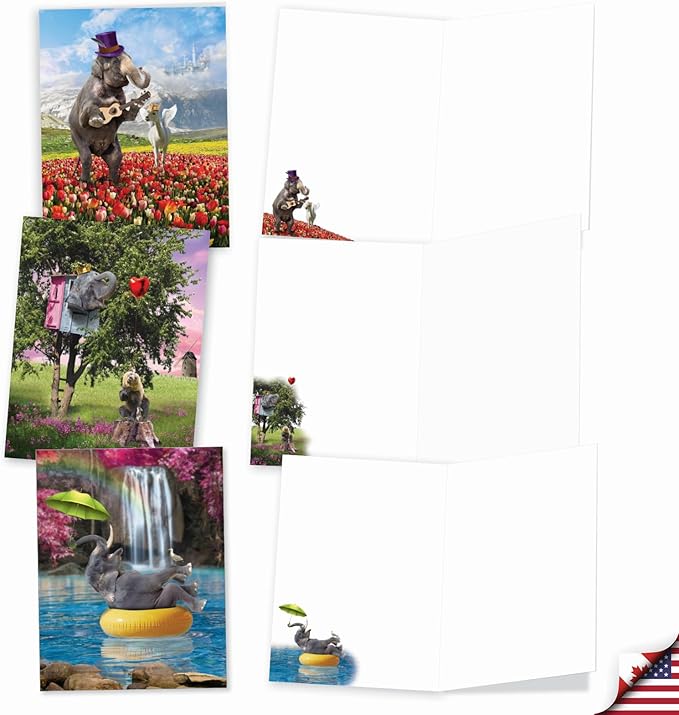 The Best Card Company - 20 Blank Note Cards with Envelopes (4 x 5.12 Inch) - All Occasion Animal Card Assortment (10 Designs, 2 Each) - Elefantasy Fun AM9617OCB-B2x10
