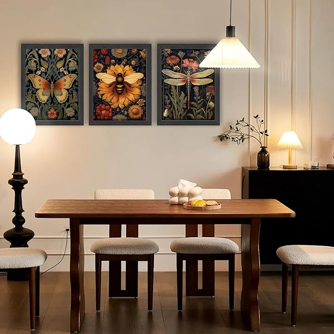 3 PCS William Morris Canvas Wall Art for Home Decor Bee Dragonfly Butterfly Painting Poster William Morris Botanical Insects Pictures Prints Wall Decor for Living Room Bedroom Home Decorations 12×16 in(Poster No Frame)