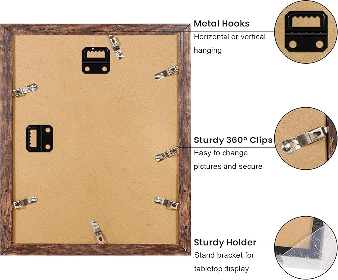 11x14 Picture Frame Set of 9, Photo Gallery Wall Frame Set, Display Pictures 8x10 with Mat or 11 x 14 Without Mat, Multi Photo Frames for Wall Mounting or Table Top Display, Rustic Brown