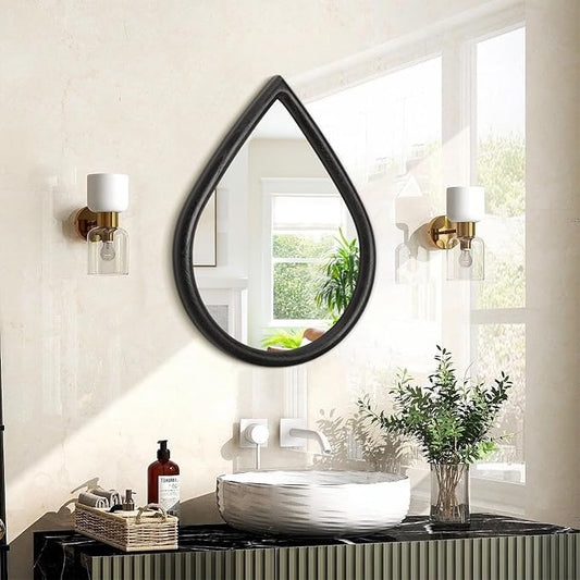 Wood Frame Teardrop Mirror Black Wall Hanging Mirrors Farmhouse Small Decorative Mirrors Oval Unique Mirror for Bathroom Living Room Entryway Hallway