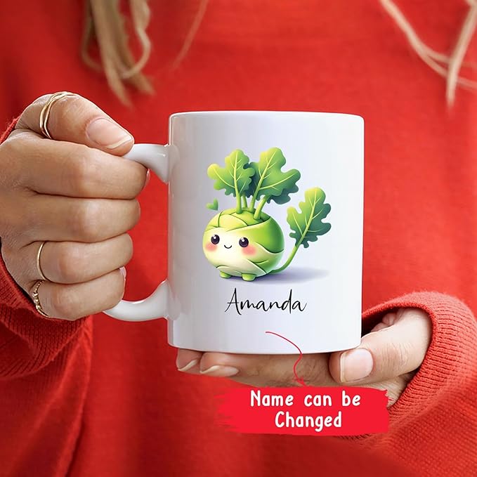 Personalized Name Kohlrabi Travel Mug Gift For Vegetable Enthusiasts, Customized Cute Kohlrabi Vegetable White Coffee Cup 11oz 15oz, Kohlrabi Lovers Mug, Vegan Teacup, Funny Kohlrabi Pottery Mug