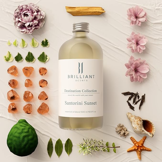 Brilliant Scents Santorini Sunset Fragrance Oil 500ml - Premium Diffuser Oil for Home, Office, Hotels - Long Lasting, Plant-Based, Meets IFRA Standards, USA-Made - Ivy, Magnolia, Oud