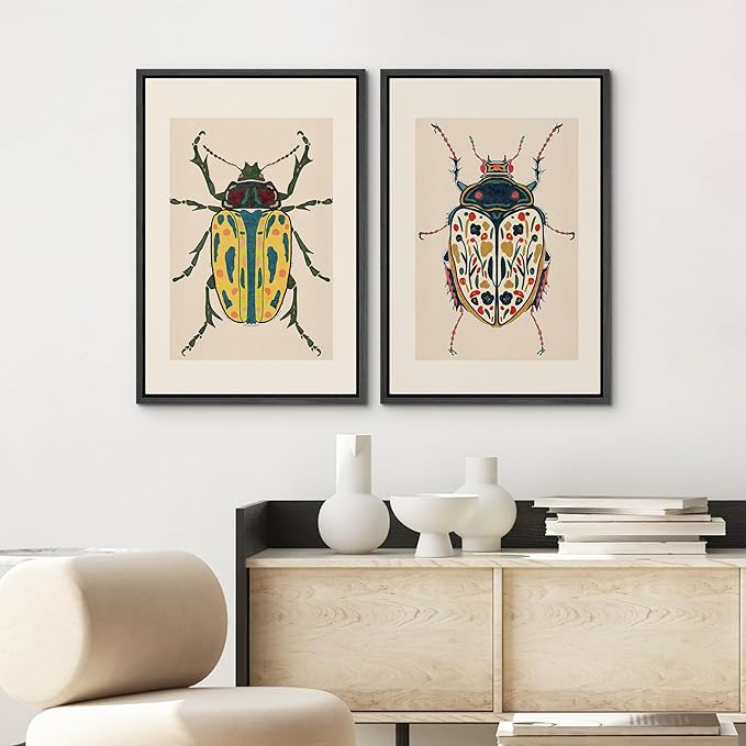 SIGNWIN Framed Canvas Print Wall Art Set Colorful Beetle Vintage Insect Illustrations Modern Art Minimal Boho Colorful for Living Room, Bedroom, Office - 16"x24"x2 BLACK